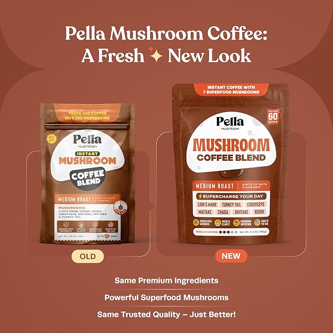 Pella Nutrition Organic Mushroom Instant Coffee (60 Servings) with 7 Superfood Mushrooms, Great Tasting, Includes Lion's Mane, Reishi, Chaga, Cordyceps, Shiitake, Maitake, and Turkey Tail