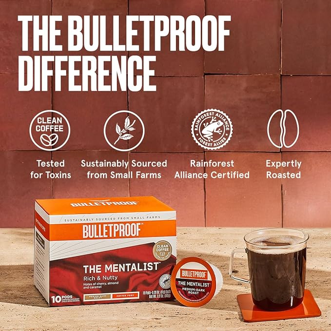 Bulletproof The Mentalist Medium-Dark Roast Single-Serve Pods, 10 Count, 100% Arabica Coffee Sourced from Central and South America