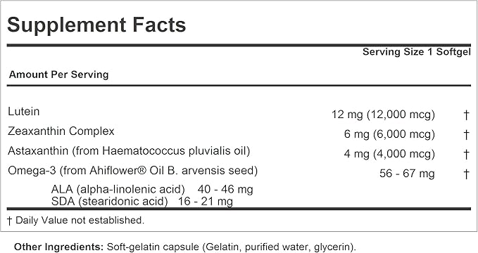 ANDREW LESSMAN Maximum L+Z with Astaxanthin 120 Softgels 12mg Lutein, 6mg Zeaxanthin, 4mg Astaxanthin.