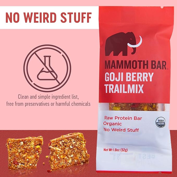 Mammoth Bar Goji Berry Trail Mix - Organic Snack Bar Packed with 12g Protein. Made with Premium Goji Berries, Almonds, Pistachios, Sunflower Seeds, Dates & Egg White Protein. Paleo • Gluten Free • Raw