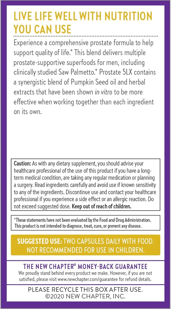 New Chapter Prostate Supplement - Prostate 5LX™ with Clinical Strength Saw Palmetto + Fermented Selenium for Men’s Wellness - 120 ct Vegetarian Capsule
