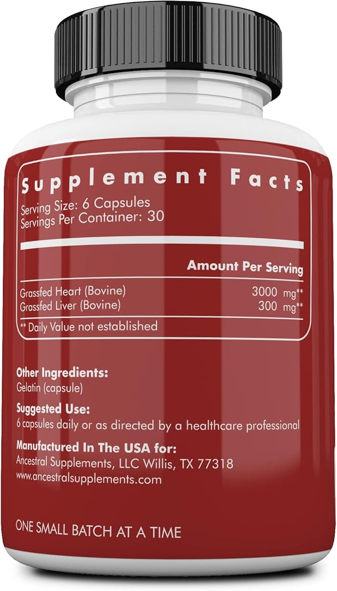 Ancestral Supplements Grass Fed Beef Heart Supplement, 3300mg, CoQ10 Supplement Supports Heart and Mitochondrial Health, Non-GMO, 180 Capsules