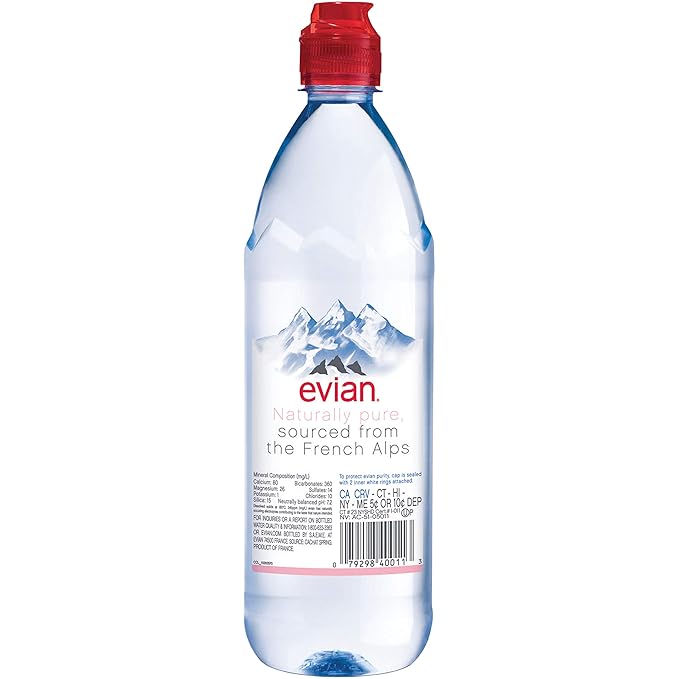evian Natural Spring Water, 750 ml (25.36 fluid ounce) Water Bottle with Sports Cap, 12 Pack