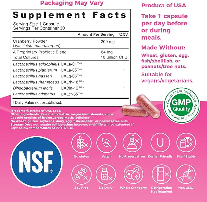 NutriCelebrity NutriFlora-Pro Probiotics for Women - Support Vaginal, Urinary Health (UTI), Digestive System, Period Pain, Yeast, and BV Relief, Cranberry Pills, 10 Billion CFU 6 Strains (30 Caps)