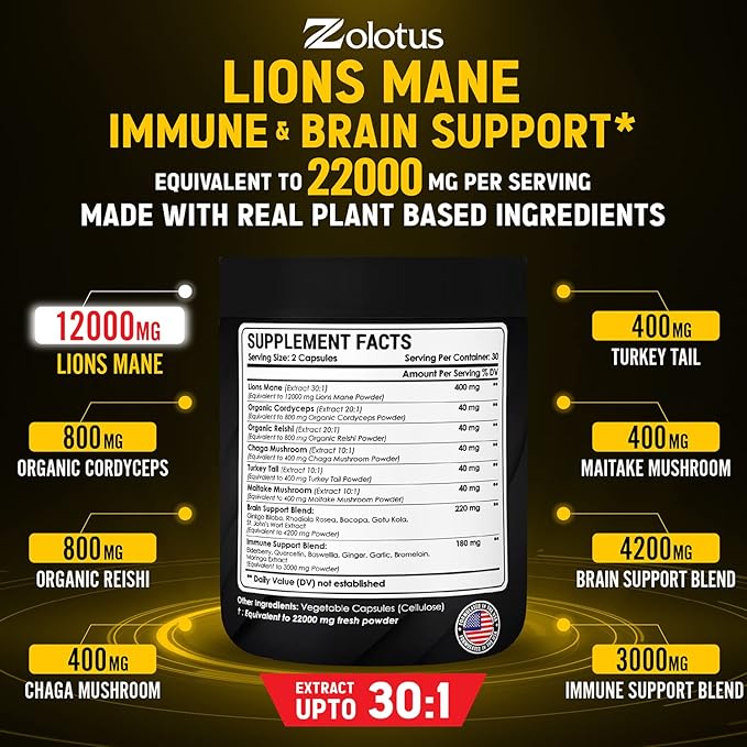 Lions Mane Mushroom Complex Capsules, Equivalent 22000mg, with 60 Capsules