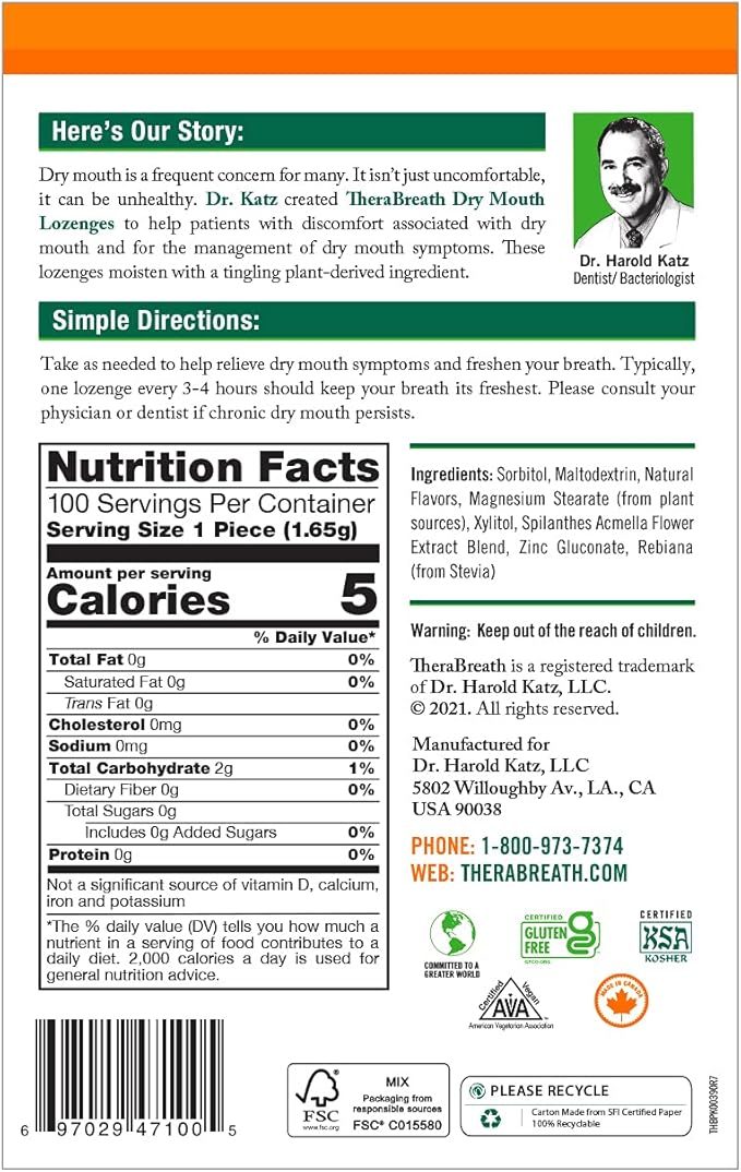 TheraBreath Dry Mouth Lozenges with Zinc, 100 Lozenges, Mandarin Mint, 100 Count (Pack of 2)