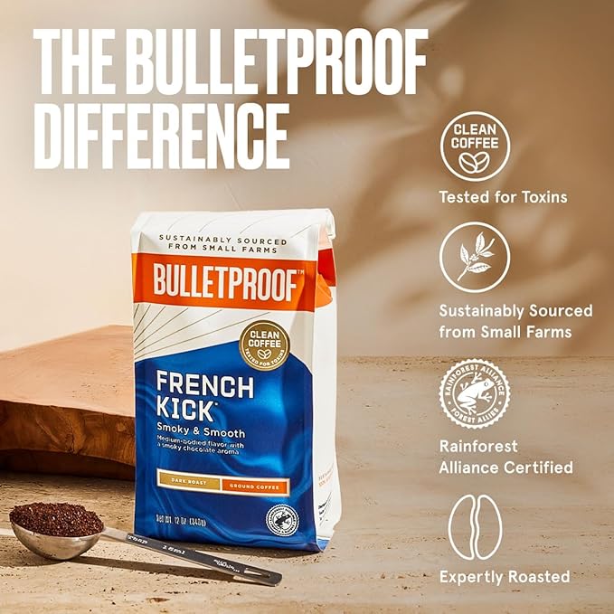 Bulletproof French Kick Dark Roast Ground Coffee, 12 Ounces, 100% Arabica Coffee Sourced from Central and South America
