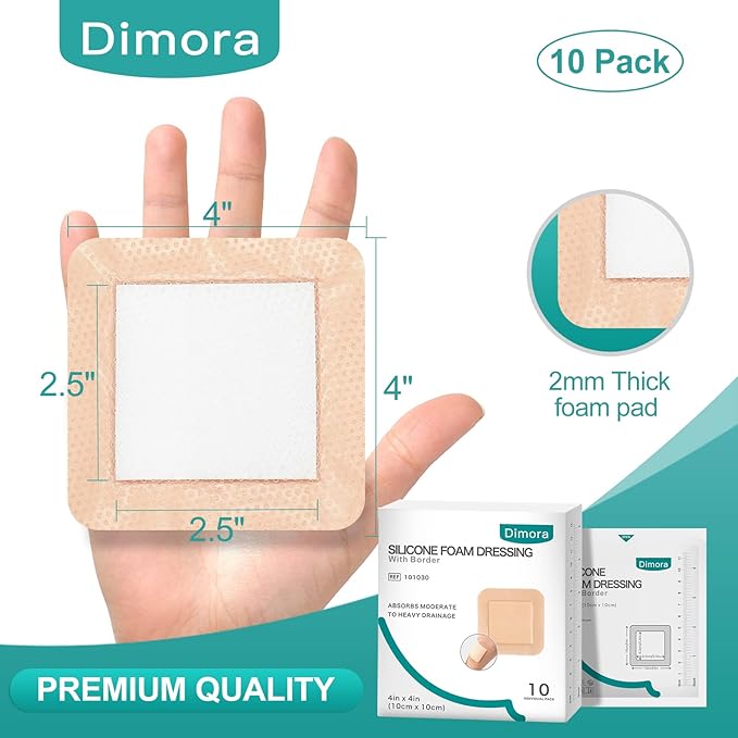 Dimora Silicone Foam Dressing with Border 4"x4" Wound 10 Pack