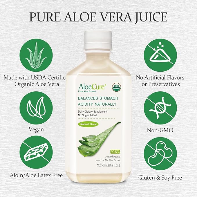 AloeCure USDA Organic Aloe Vera Juice Made Within 12 Hrs of Harvest - Pure Aloe Juice Natural Digestive Supplement to Support Digestion, Immune System and Balanced Stomach Acidity, 4 x 500ml Bottles