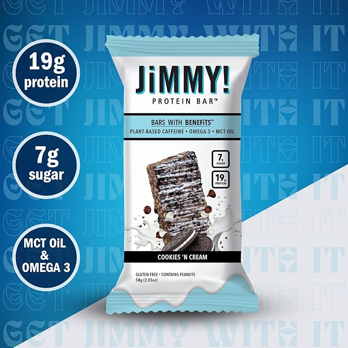 JiMMY'S! Functional Protein Bar - Cookies and Cream -12 Count - 18g Protein with Caffeine, Omega 3 and MCT Oils - Low Sugar, Gluten Free, Energy-Boosting