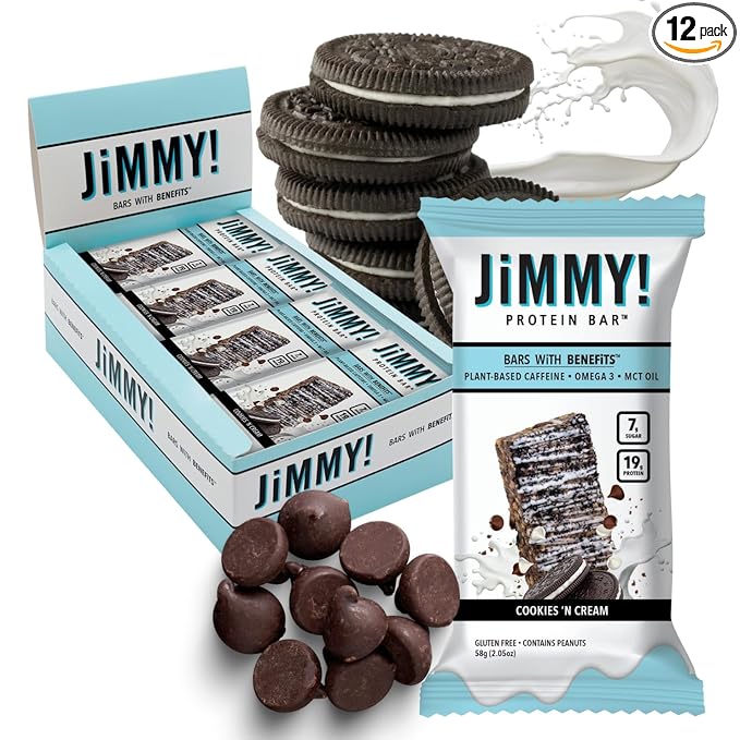 JiMMY'S! Functional Protein Bar - Cookies and Cream -12 Count - 18g Protein with Caffeine, Omega 3 and MCT Oils - Low Sugar, Gluten Free, Energy-Boosting