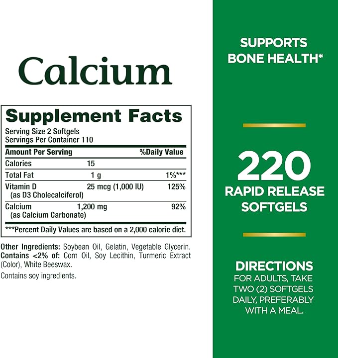 Nature's Bounty Calcium 1200 mg with 1,000IU Vitamin D3, Bone Health & Immune Support, 220 Softgels