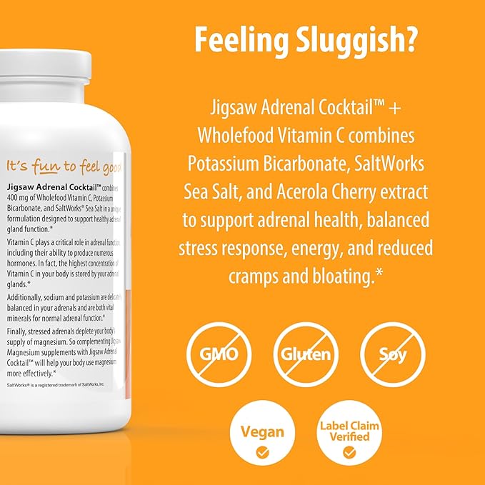 Jigsaw Health Adrenal Cocktail + Wholefood Vitamin C | with Potassium Bicarbonate, Sea Salt, and Acerola Cherry Extract | 360 Capsules | 60 Servings
