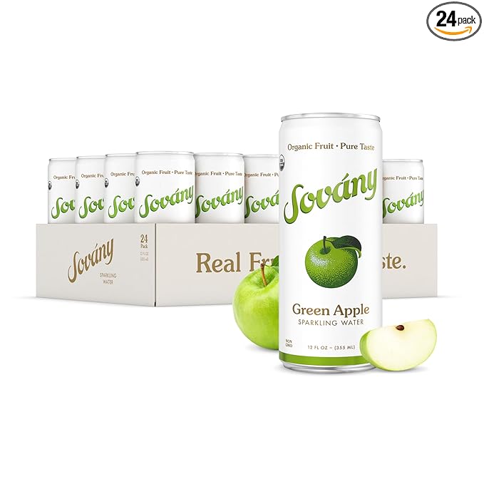 Sovány Sparkling Water, Green Apple, Seltzer Water Drinks, USDA Organic, Made With Real Fruit, Non-GMO, Vegan, No Added Sugar, Low Calorie, 12 fl oz, 24 Pack