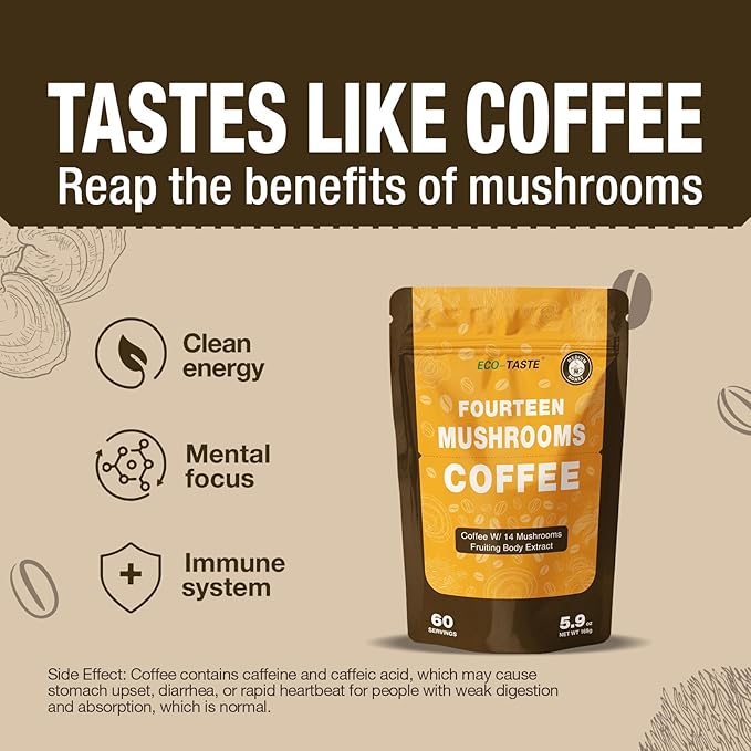 ECO-TASTE Mushrooms Coffee 14 in 1-60 Servings, Arabica Coffee with Lion's Mane, Reishi, Maitake, Turkey Tail, Chaga Fruiting Body Extract, 30% Beta-Glucan for Focus & Gut Health Support, 5.9oz