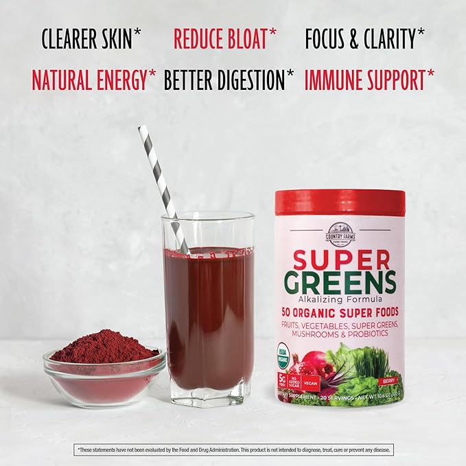 Country Farms Super Greens Berry Flavor, 50 Organic 20 Servings, 10.6 Oz