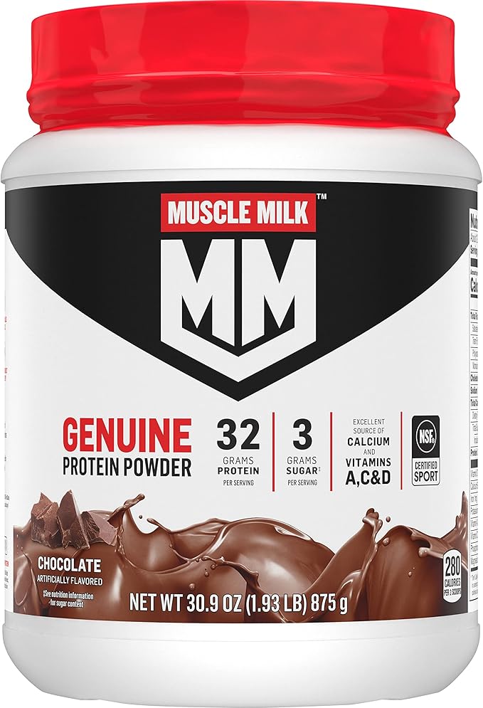 Muscle Milk Genuine Protein Powder, Chocolate, 1.93 Pounds, 12 Servings, 32g Protein, 3g Sugar,