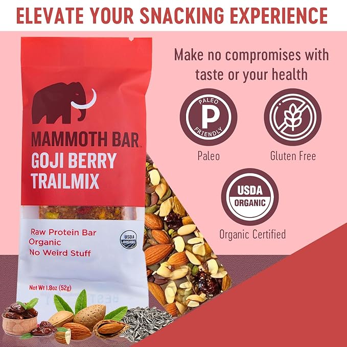 Mammoth Bar Goji Berry Trail Mix - Organic Snack Bar Packed with 12g Protein. Made with Premium Goji Berries, Almonds, Pistachios, Sunflower Seeds, Dates & Egg White Protein. Paleo • Gluten Free • Raw