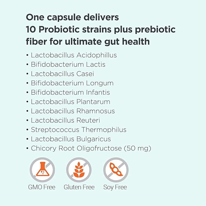 Omax Prebiotic & Probiotic 50 Billion CFU + Chicory Inulin, 10 Strains, Reduce Bloating, Digestion, SIBO, Leaky Gut, Vaginal pH, Acidophilus, Vegan, Dairy Free, Gluten Free, Blister Packaged