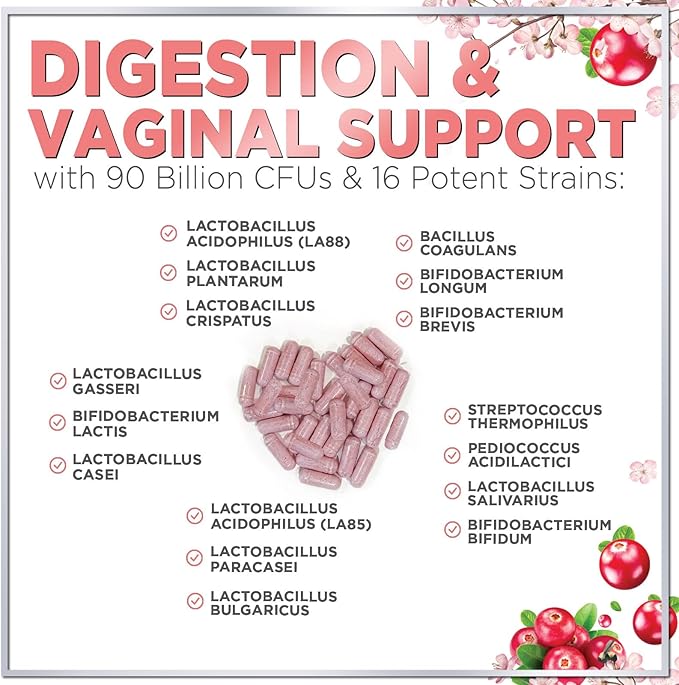 Probiotics for Women 90 Billion CFU, 16 Probiotic Strains with Cranberry, D-Mannose & Prebiotics, for Feminine PH Balance, Vaginal Odor & Digestive Health, Immune Support, Shelf Stable - 60 Capsules