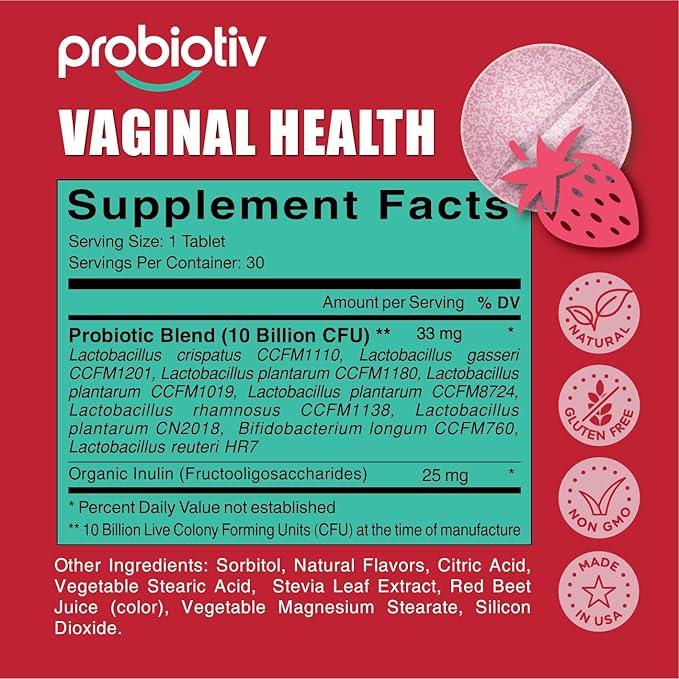 Chewable Vaginal Probiotics for Women 10 Billion CFU + Organic Prebiotics, Improves Vaginal Health, Combats Vaginal Odor & Restores Vaginal pH Balance for Women, 30 Strawberry Tablets