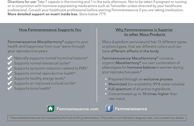 Femmenessence MacaHarmony – Scientifically Proven to Support Natural Hormone Balance for Women, Regular Menstrual Cycle, PMS, Acne, Mood, Fertility, 120 Natural Organic Maca Vegan Caps, 60-Day Supply