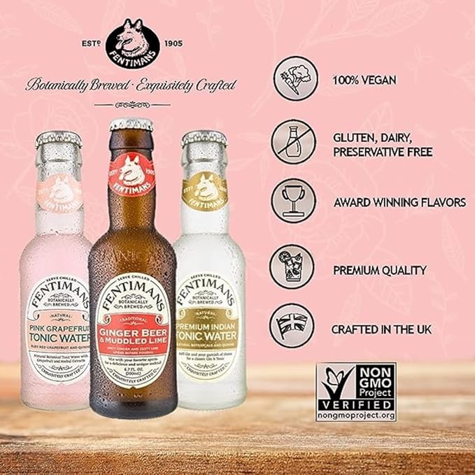 Fentimans Sparkling Variety Pack (Pink Grapefruit Tonic Water, Ginger Beer & Muddled Lime, Tonic Water) - Craft Soda, Natural Mixers, Botanically Brewed - 4 of Each, 6.7 Fl Oz (Pack of 12)