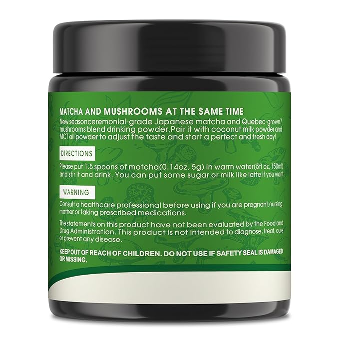 Mushroom Matcha Powder, Japanese Ceremonial Matcha Infused With 7 Superfood Mushrooms, MCT Oil, Coconut Milk Powder, Natural, Gluten Free, Taste Great Matcha Latter 8 Oz(45 Servings)