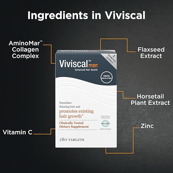 Viviscal Men's Hair Growth Supplements for Thicker, Fuller Hair | Clinically Proven with Proprietary Collagen Complex | 180 Tablets - 3 Month Supply