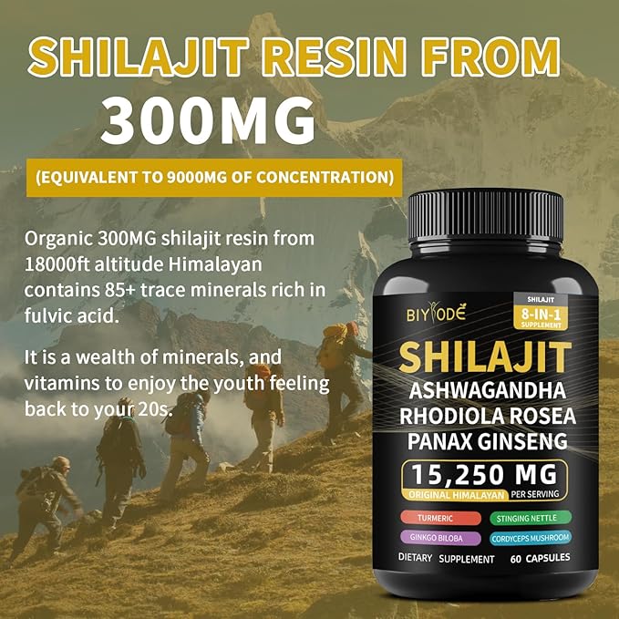 Shilajit Capsules Himalayan 8-in-1 Concentrated, 15250mg 60 Caps, 30 Day