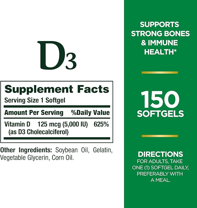 Nature's Bounty Vitamin D3, Immune and Bone Support, 5000IU, Rapid Release Softgels, 150 Ct (Pack of 2)