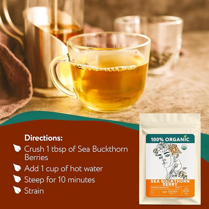 Organic Sea Buckthorn Berry Tea (PACK OF 2) - Seaberries Dried - Rich in Omega Fatty Acids, Antioxidants - Superfood Berries for Tea, Cooking & Baking