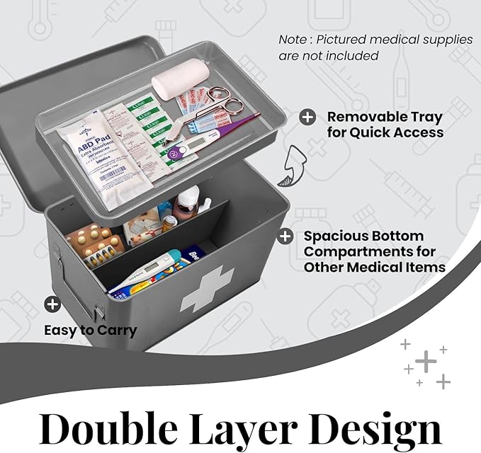 Flexzion First Aid Box Organizer Empty 13" Gray