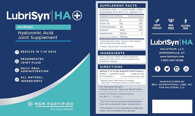 Lubrisyn HA with MSM - Proprietary Vegan Joint Relief Edible Supplement Made in USA for Humans - 30 Day Supply of Liquid Hyaluronic Acid Formula for Healthy Joints