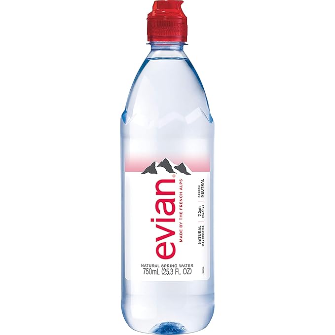 evian Natural Spring Water, 750 ml (25.36 fluid ounce) Water Bottle with Sports Cap, 12 Pack