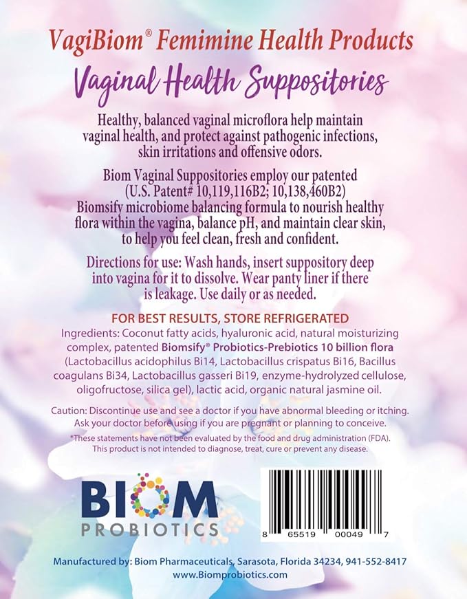 Biom Probiotic Suppository: Natural Vaginal pH and Odor Control Regimen; Balance and Nourishes Vaginal Microbiome; No Parabens (30)
