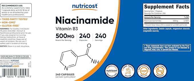 Nutricost Niacinamide (Vitamin B3) 500mg, 240 Capsules - Non-GMO, Gluten Free, Flush Free Vitamin B3