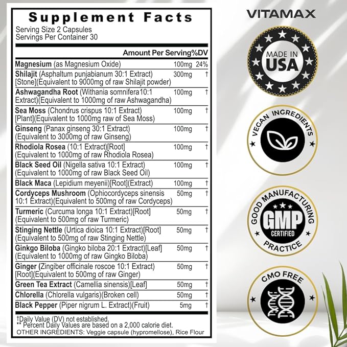 Pure Himalayan Shilajit Supplement 10,000mg Ashwagandha 6,000mg Sea 2,000mg Rhodiola 1000MG Gingko 500mg Trace (60 Count 1))
