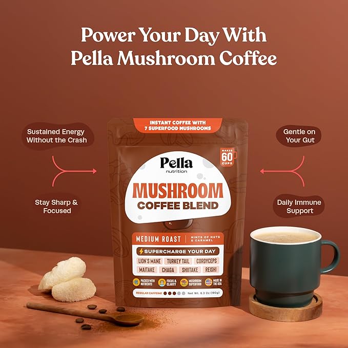 Pella Nutrition Organic Mushroom Instant Coffee (60 Servings) with 7 Superfood Mushrooms, Great Tasting, Includes Lion's Mane, Reishi, Chaga, Cordyceps, Shiitake, Maitake, and Turkey Tail