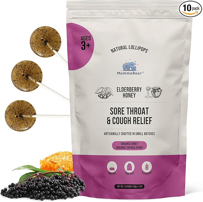 MommaBear Organics Handcrafted Kids Cough Lollipops – Natural Sore Throat Relief & Cough Drop Suckers for Kids 3+ – Elderberry Bits, Honey & Organic Flavors – Tightly Sealed for Freshness - 10 Count