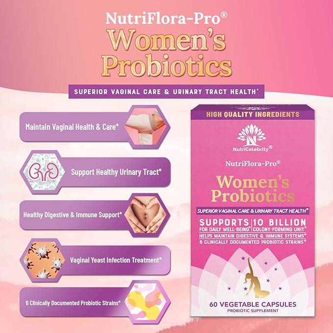 Nutricelebrity NutriFlora-Pro Probiotics for Women - Support Vaginal, Urinary Health (UTI), Digestive System, Period Pain, Yeast, and BV Relief, Cranberry Pills, 10 Billion CFU 6 Strains (60 Caps)