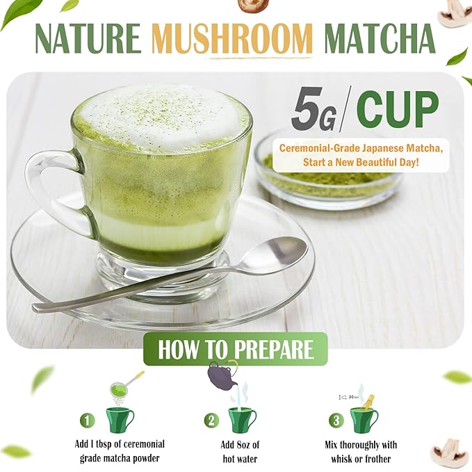 Mushroom Matcha Powder, Japanese Ceremonial Matcha Infused With 7 Superfood Mushrooms, MCT Oil, Coconut Milk Powder, Natural, Gluten Free, Taste Great Matcha Latter 8 Oz(45 Servings)