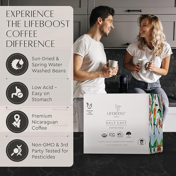 Lifeboost Coffee Half Caff Coffee K Cups - Low Acid Half Caff Coffee Pods - Single Origin Non-GMO Mold Free Pods Compatible with Keurig & Keurig 2 - No Mycotoxins or Pesticides - 10 Count