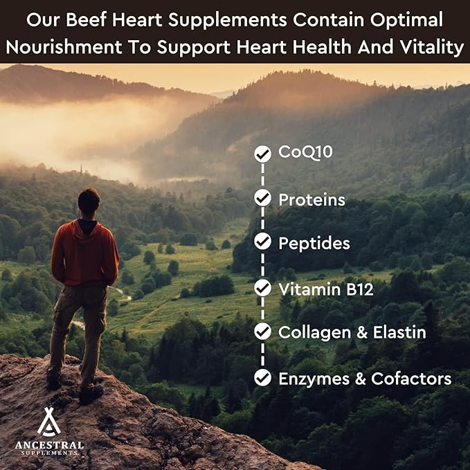 Ancestral Supplements Grass Fed Beef Heart Supplement, 3300mg, CoQ10 Supplement Supports Heart and Mitochondrial Health, Non-GMO, 180 Capsules