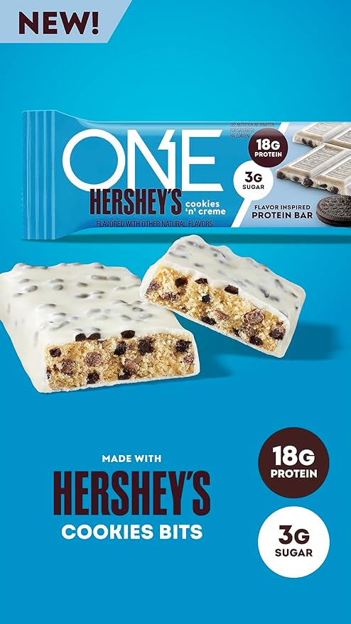 ONE Protein Bars, Hershey's Cookies 'n' Creme, Gluten Free with 18g Protein and 3g Sugar, Pantry Staples, 2.12 oz (12 Count)