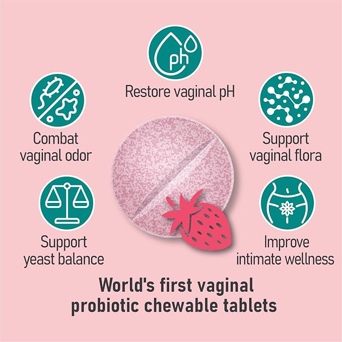 Chewable Vaginal Probiotics for Women 10 Billion CFU + Organic Prebiotics, Improves Vaginal Health, Combats Vaginal Odor & Restores Vaginal pH Balance for Women, 30 Strawberry Tablets