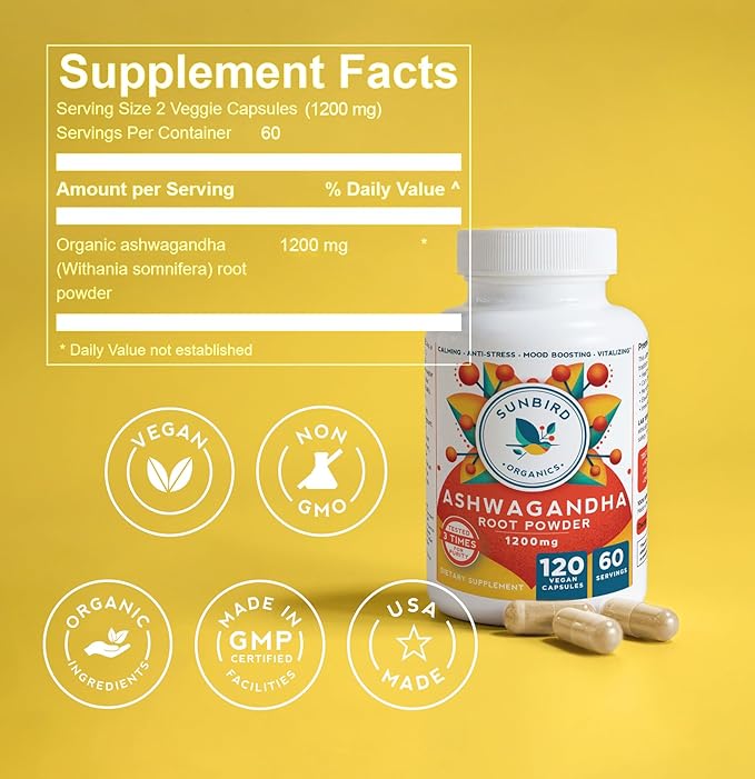 Ashwagandha Capsules Organic, Stress & Sleep 1200mg Pure 120 Vegan 1 Bottle