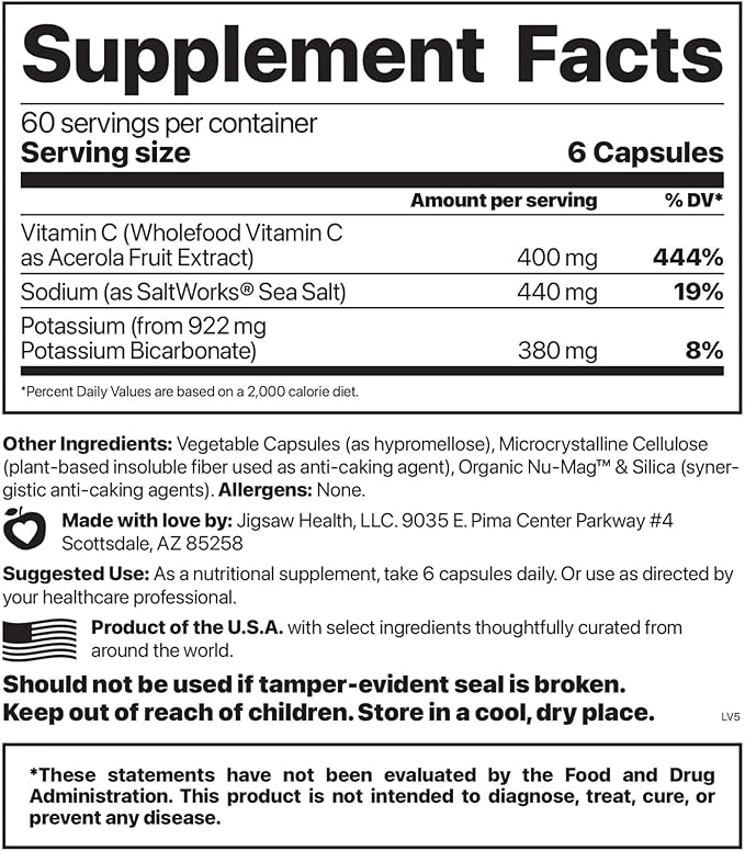 Jigsaw Health Adrenal Cocktail + Wholefood Vitamin C | with Potassium Bicarbonate, Sea Salt, and Acerola Cherry Extract | 360 Capsules | 60 Servings