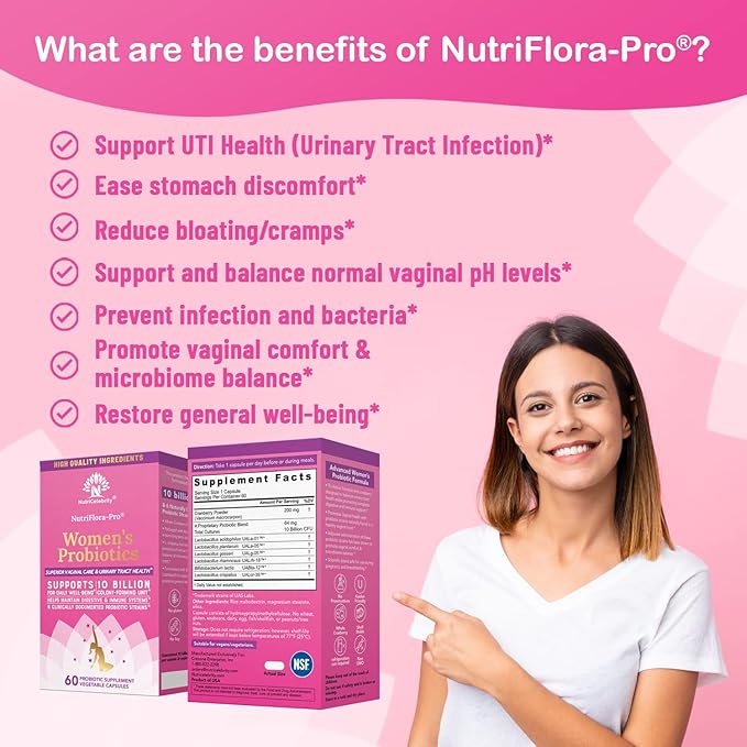 Nutricelebrity NutriFlora-Pro Probiotics for Women - Support Vaginal, Urinary Health (UTI), Digestive System, Period Pain, Yeast, and BV Relief, Cranberry Pills, 10 Billion CFU 6 Strains (60 Caps)