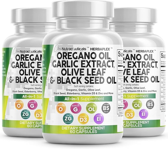 Clean Nutraceuticals Oregano Oil Garlic Extract D3 & 3Pack